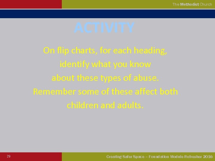 The Methodist Church ACTIVITY On flip charts, for each heading, identify what you know