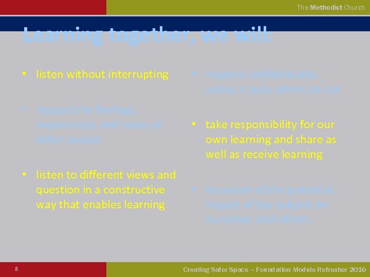 The Methodist Church Learning together, we will: • listen without interrupting • respect the