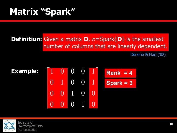Matrix “Spark” Definition: Given a matrix D, =Spark{D} is the smallest and number of