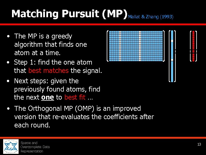 Matching Pursuit (MP) Mallat & Zhang (1993) • The MP is a greedy algorithm