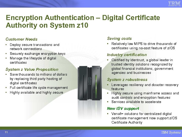 Encryption Authentication – Digital Certificate Authority on System z 10 Customer Needs Saving costs