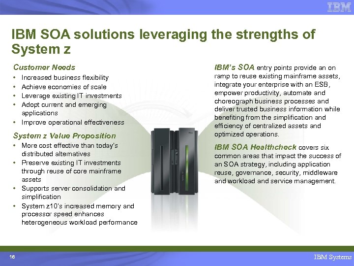IBM SOA solutions leveraging the strengths of System z Customer Needs IBM’s SOA entry
