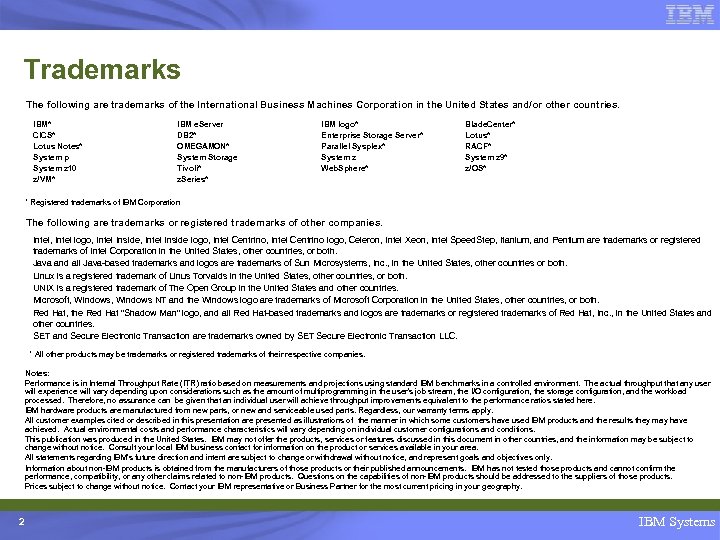 Trademarks The following are trademarks of the International Business Machines Corporation in the United