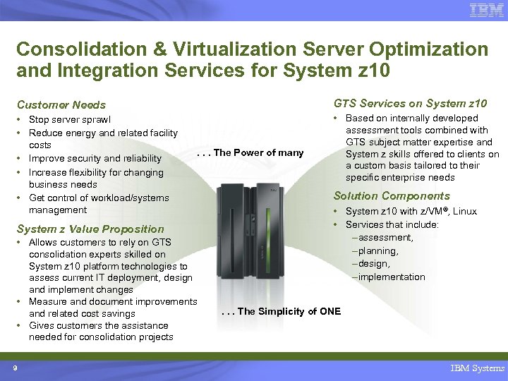 Consolidation & Virtualization Server Optimization and Integration Services for System z 10 Customer Needs
