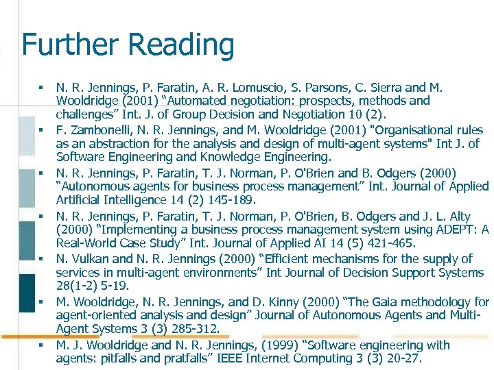 Further Reading § § § § N. R. Jennings, P. Faratin, A. R. Lomuscio,