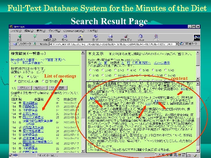 Full-Text Database System for the Minutes of the Diet Search Result Page List of