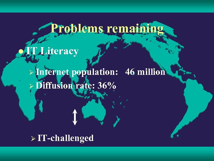 Problems remaining l IT Literacy Ø Internet population: 46 million Ø Diffusion rate: 36%