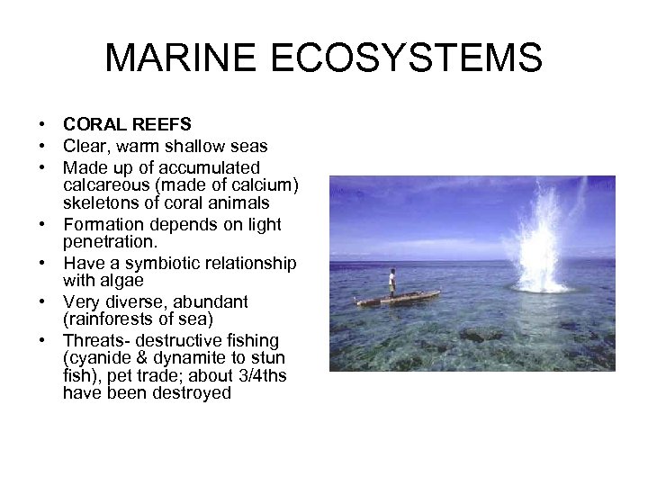 MARINE ECOSYSTEMS • CORAL REEFS • Clear, warm shallow seas • Made up of