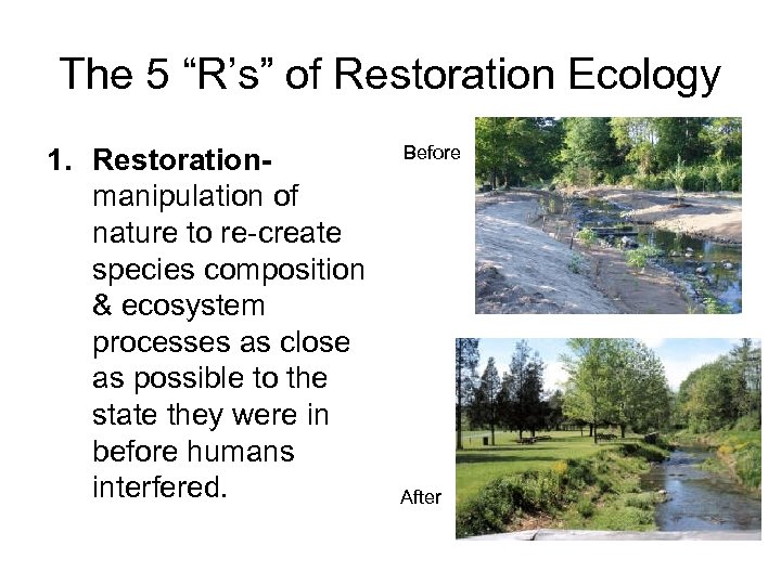 The 5 “R’s” of Restoration Ecology 1. Restorationmanipulation of nature to re-create species composition