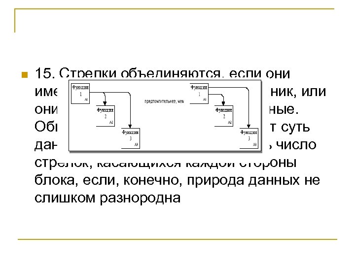 n 15. Стрелки объединяются, если они имеют общий источник или приемник, или они представляют