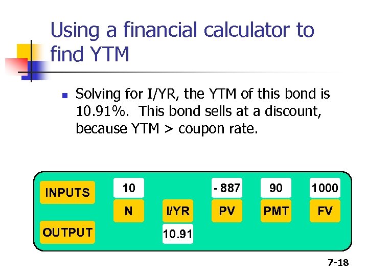 Using a financial calculator to find YTM n Solving for I/YR, the YTM of