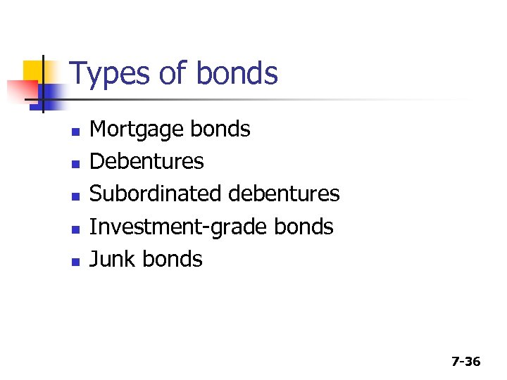 Types of bonds n n n Mortgage bonds Debentures Subordinated debentures Investment-grade bonds Junk