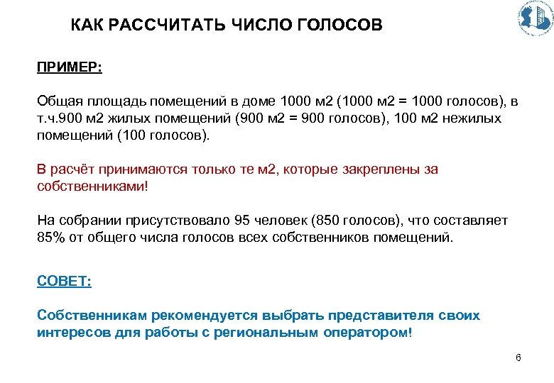 КАК РАССЧИТАТЬ ЧИСЛО ГОЛОСОВ ПРИМЕР: Общая площадь помещений в доме 1000 м 2 (1000