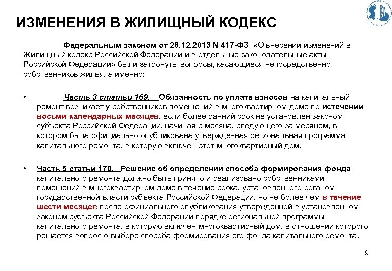 ИЗМЕНЕНИЯ В ЖИЛИЩНЫЙ КОДЕКС Федеральным законом от 28. 12. 2013 N 417 -ФЗ «О