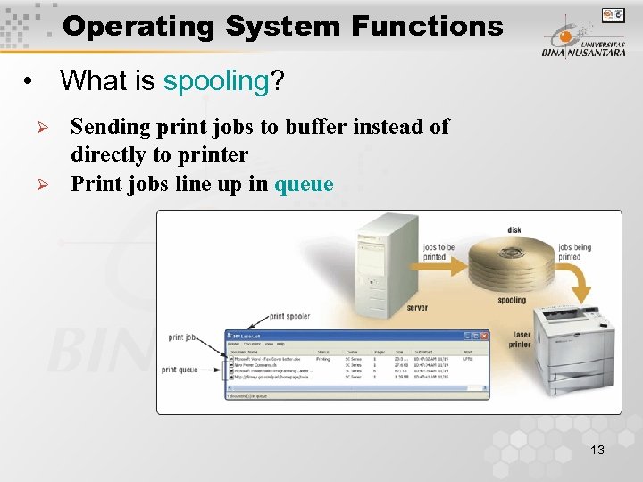 Operating System Functions • What is spooling? Ø Ø Sending print jobs to buffer