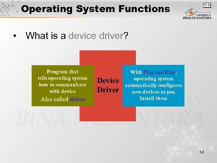 Operating System Functions • What is a device driver? Program that tells operating system