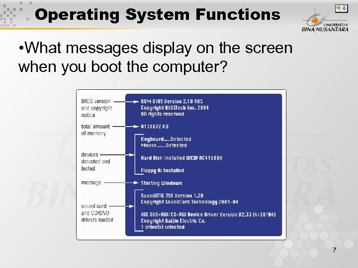 Operating System Functions • What messages display on the screen when you boot the