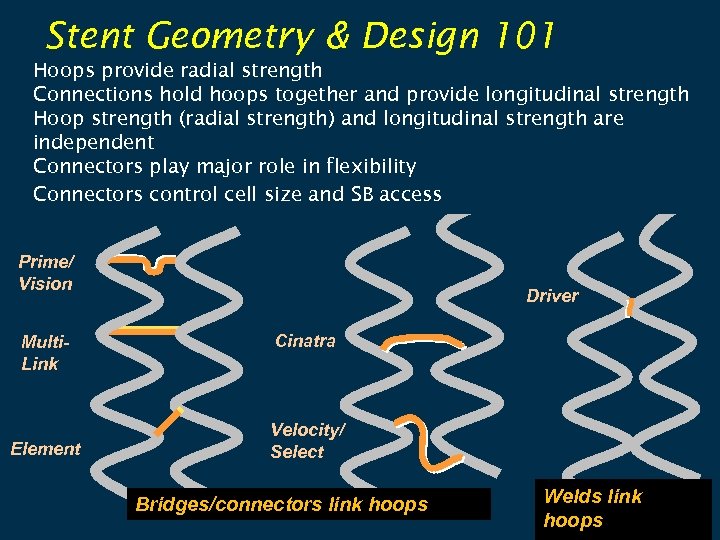 Stent Geometry & Design 101 Hoops provide radial strength Connections hold hoops together and