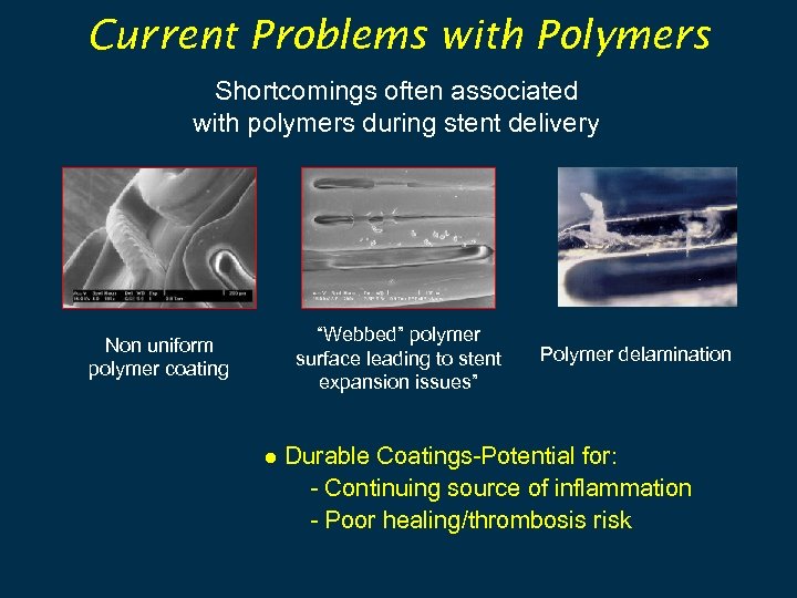 Current Problems with Polymers Shortcomings often associated with polymers during stent delivery Non uniform