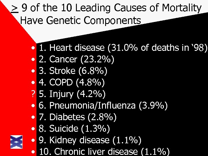 > 9 of the 10 Leading Causes of Mortality Have Genetic Components • •