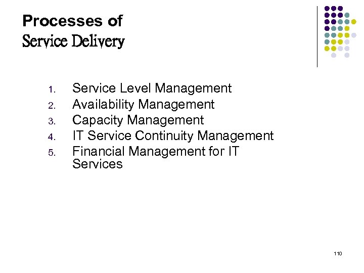 Processes of Service Delivery 1. 2. 3. 4. 5. Service Level Management Availability Management