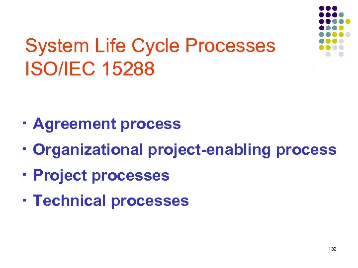 System Life Cycle Processes ISO/IEC 15288 ‧ Agreement process ‧ Organizational project-enabling process ‧