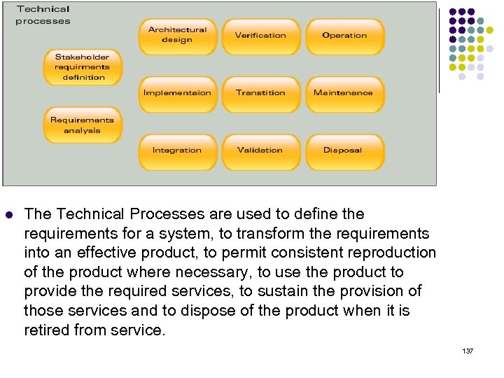 l The Technical Processes are used to define the requirements for a system, to