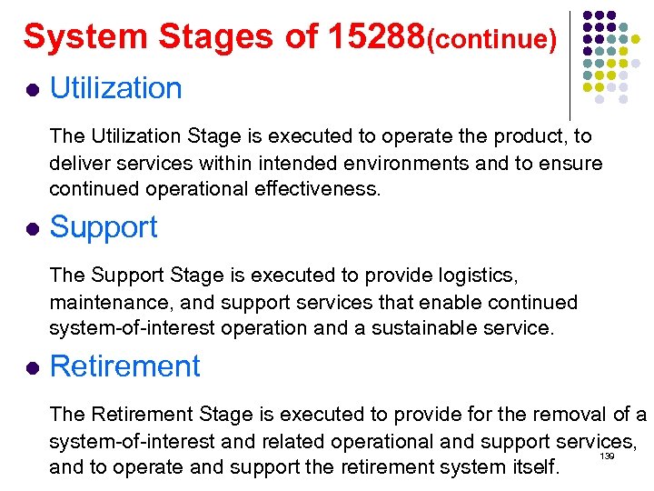 System Stages of 15288(continue) l Utilization The Utilization Stage is executed to operate the