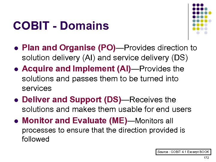 COBIT - Domains l l Plan and Organise (PO)—Provides direction to solution delivery (AI)