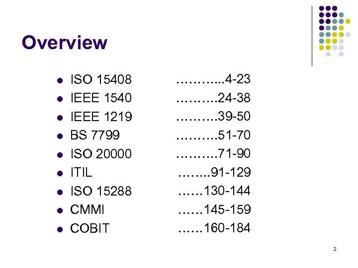 Overview l l l l l ISO 15408 IEEE 1540 IEEE 1219 BS 7799