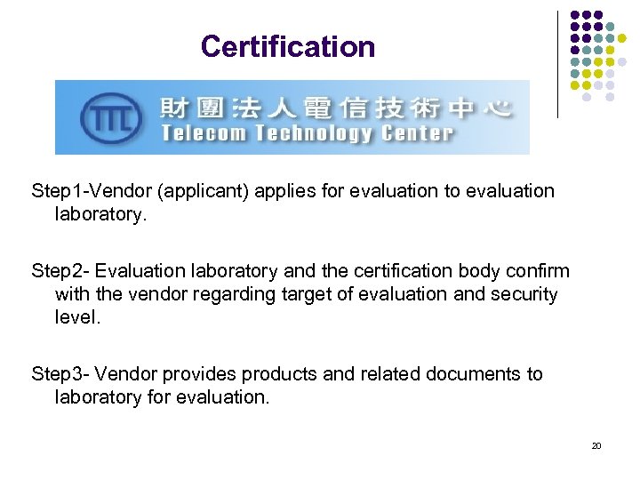 Certification Step 1 -Vendor (applicant) applies for evaluation to evaluation laboratory. Step 2 -