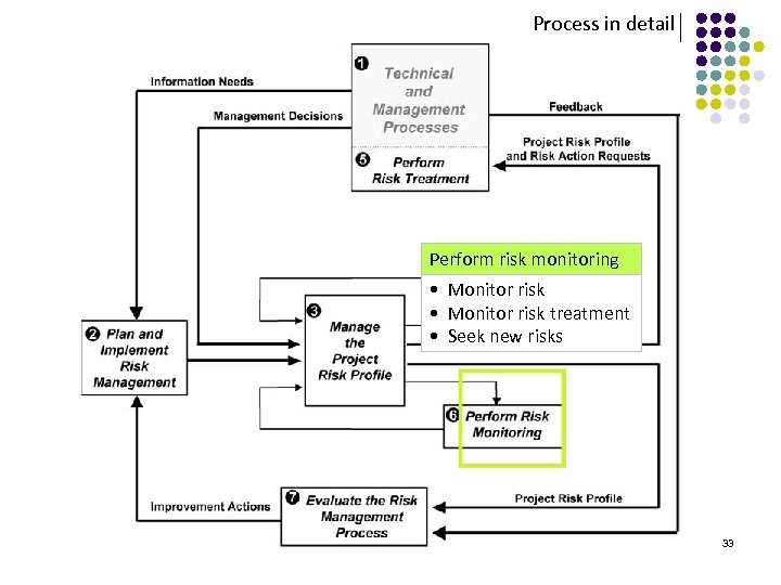 Process in detail Perform risk monitoring • Monitor risk treatment • Seek new risks