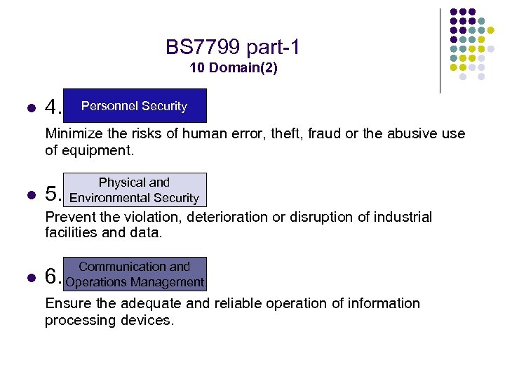 BS 7799 part-1 10 Domain(2) l 4. Personnel Security Minimize the risks of human