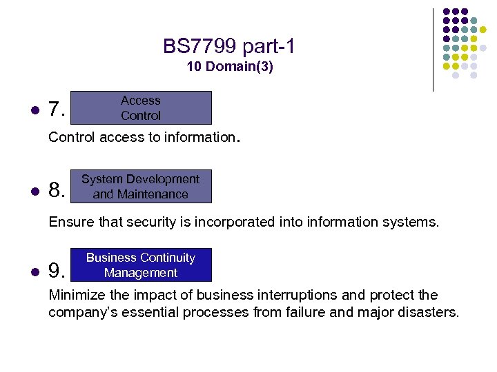 BS 7799 part-1 10 Domain(3) l 7. Access Control access to information. l 8.