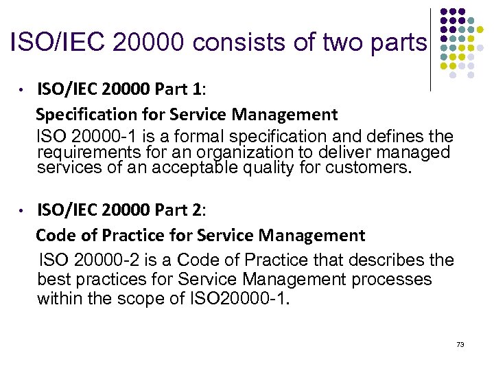 ISO/IEC 20000 consists of two parts ISO/IEC 20000 Part 1: Specification for Service Management