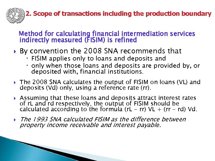 2. Scope of transactions including the production boundary Method for calculating financial intermediation services