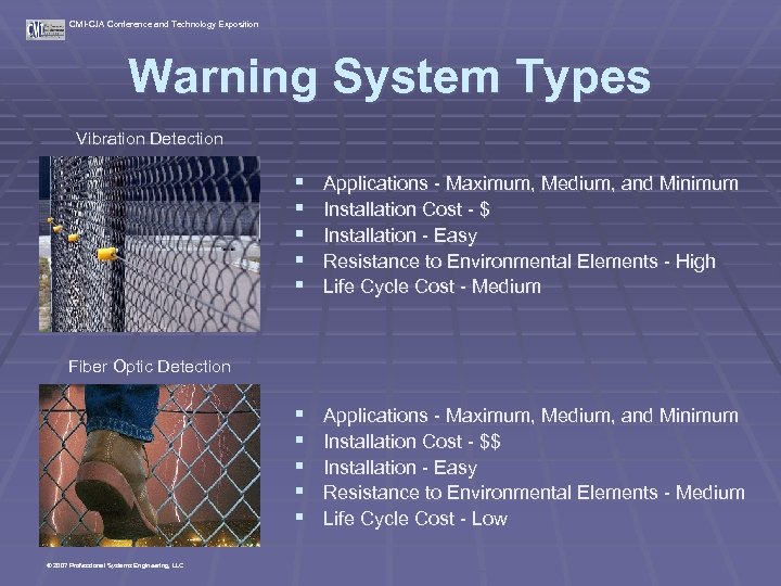 CMI-CJA Conference and Technology Exposition Warning System Types Vibration Detection § § § Applications