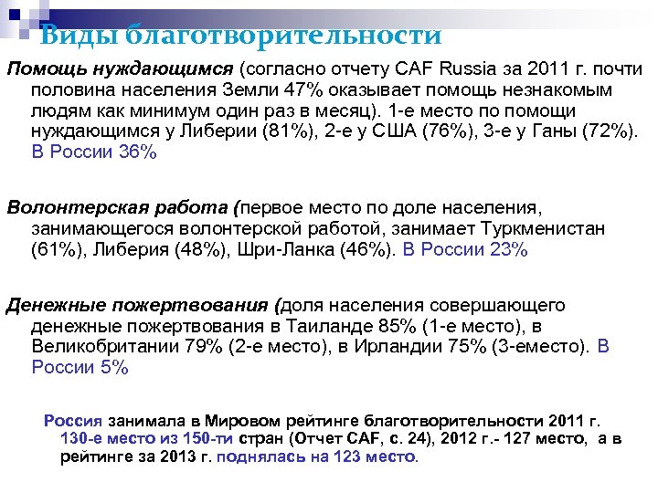 Виды благотворительности Помощь нуждающимся (согласно отчету CAF Russia за 2011 г. почти половина населения