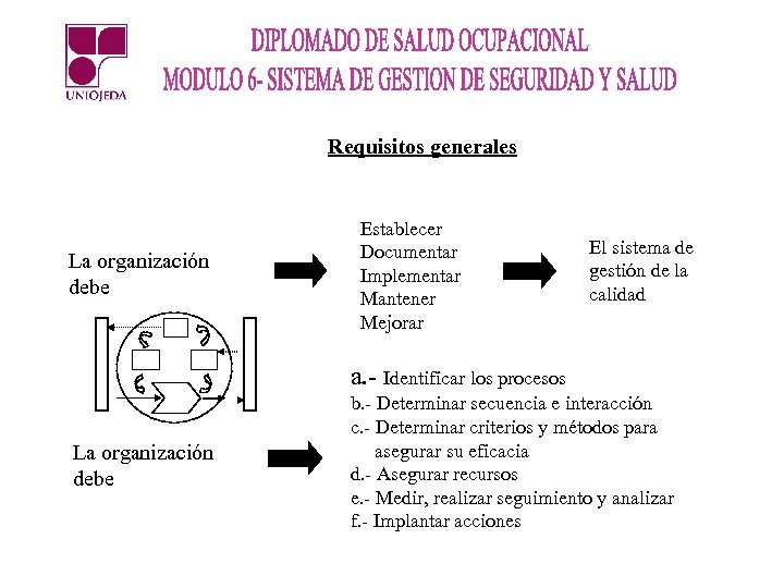 Requisitos generales La organización debe Establecer Documentar Implementar Mantener Mejorar El sistema de gestión