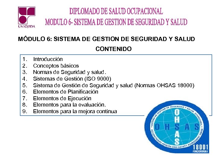 MÓDULO 6: SISTEMA DE GESTION DE SEGURIDAD Y SALUD CONTENIDO 1. 2. 3. 4.