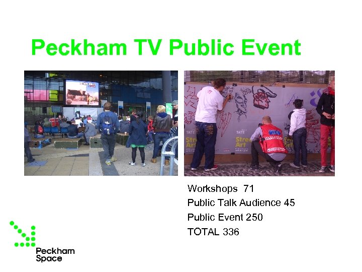 Peckham TV Public Event Workshops 71 Public Talk Audience 45 Public Event 250 TOTAL