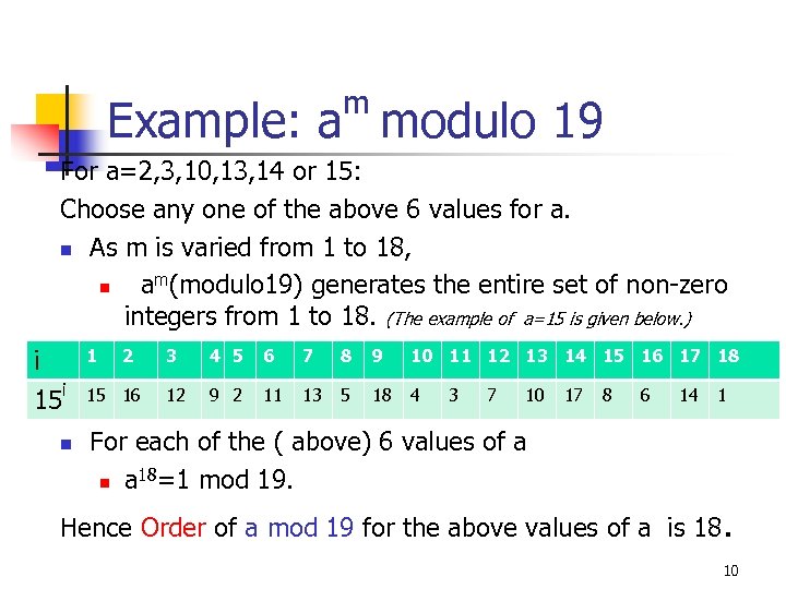 m Example: a modulo 19 For a=2, 3, 10, 13, 14 or 15: Choose