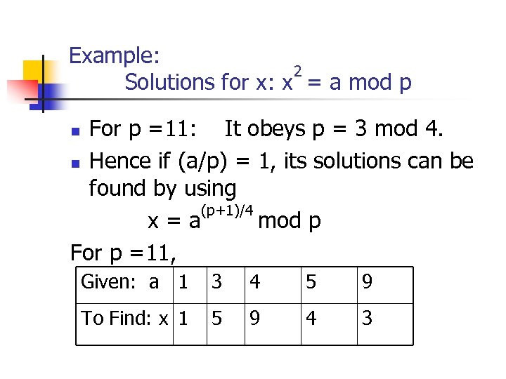 Example: 2 Solutions for x: x = a mod p For p =11: It