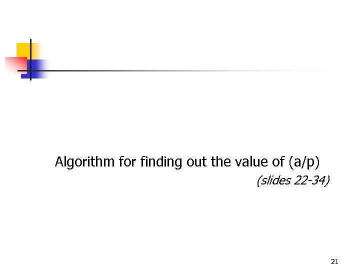  Algorithm for finding out the value of (a/p) (slides 22 -34) 21 