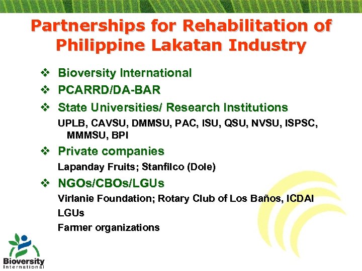 Partnerships for Rehabilitation of Philippine Lakatan Industry v v v Bioversity International PCARRD/DA-BAR State