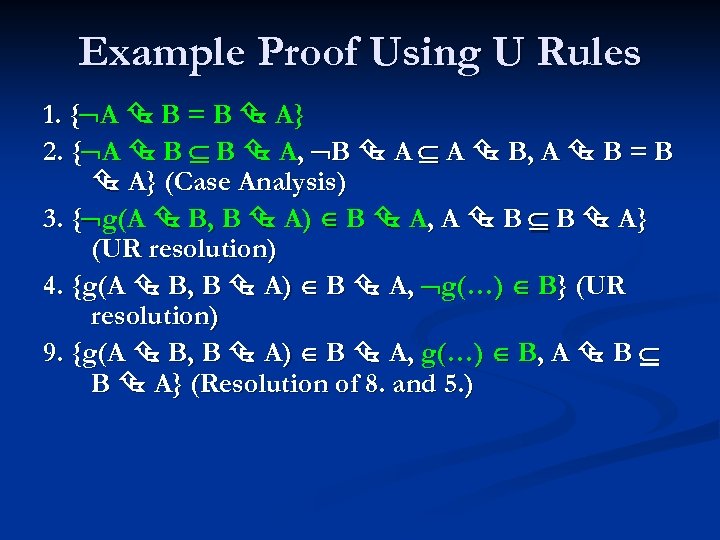 Example Proof Using U Rules 1. { A B = B A} 2. {