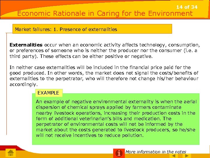 14 of 34 Economic Rationale in Caring for the Environment Market failures: 1. Presence