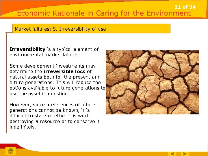 21 of 34 Economic Rationale in Caring for the Environment Market failures: 5. Irreversibility