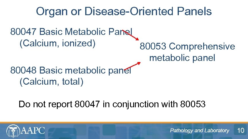 Organ or Disease-Oriented Panels 80047 Basic Metabolic Panel (Calcium, ionized) 80053 Comprehensive metabolic panel