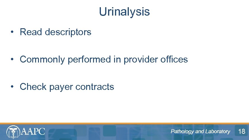 Urinalysis • Read descriptors • Commonly performed in provider offices • Check payer contracts